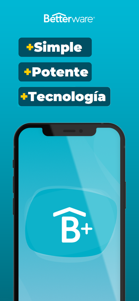 Pantalla introductoria de la aplicación Betterware plus con los lemas plus simple plus potente y plus tecnología en español