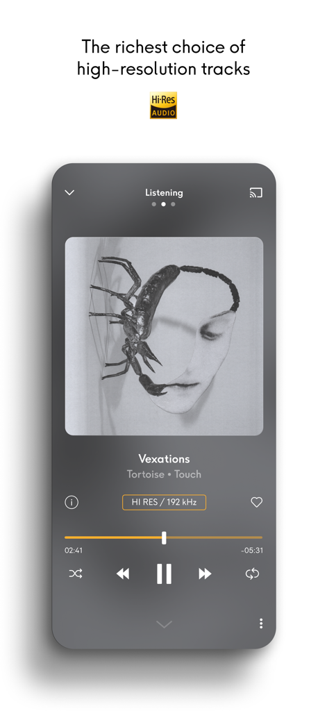 Qobuz app interface showing a music track playing in high resolution 192 kHz audio quality