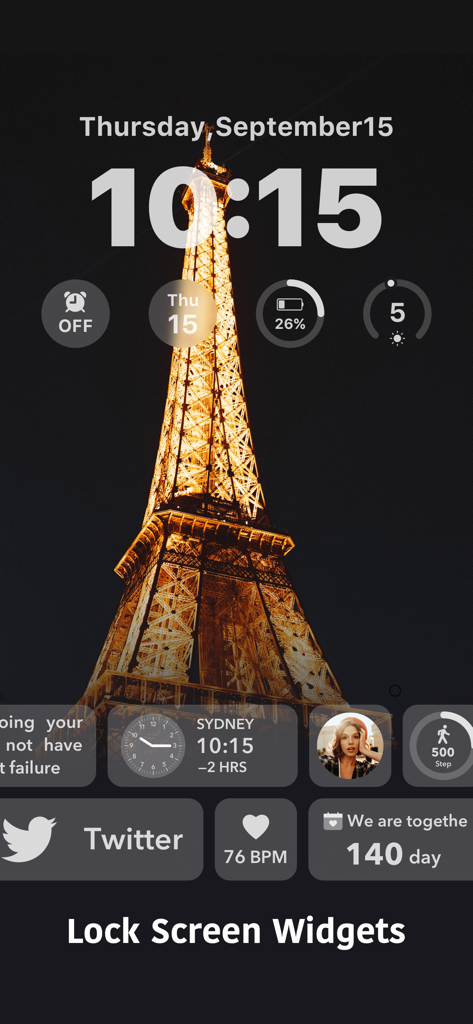 Custom iOS lock screen featuring an Eiffel Tower wallpaper and various aesthetic widgets for health, social media, and time
