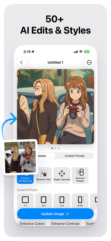 AI Photo Editor and Generator - AI photo editor interface showing a real photo transformed into anime style illustration with various editing tools like background and person removal.
