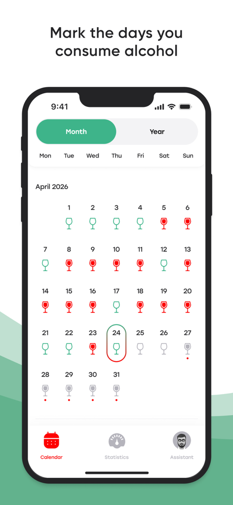 SuperMe — Sober Tracker - Mobile app interface showing a monthly calendar with wine glass icons to track daily alcohol consumption