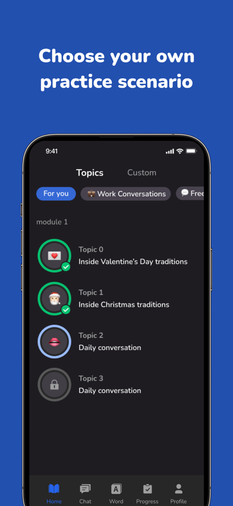 A mobile screen showing various conversational topics and practice scenarios in the Voca AI language learning app