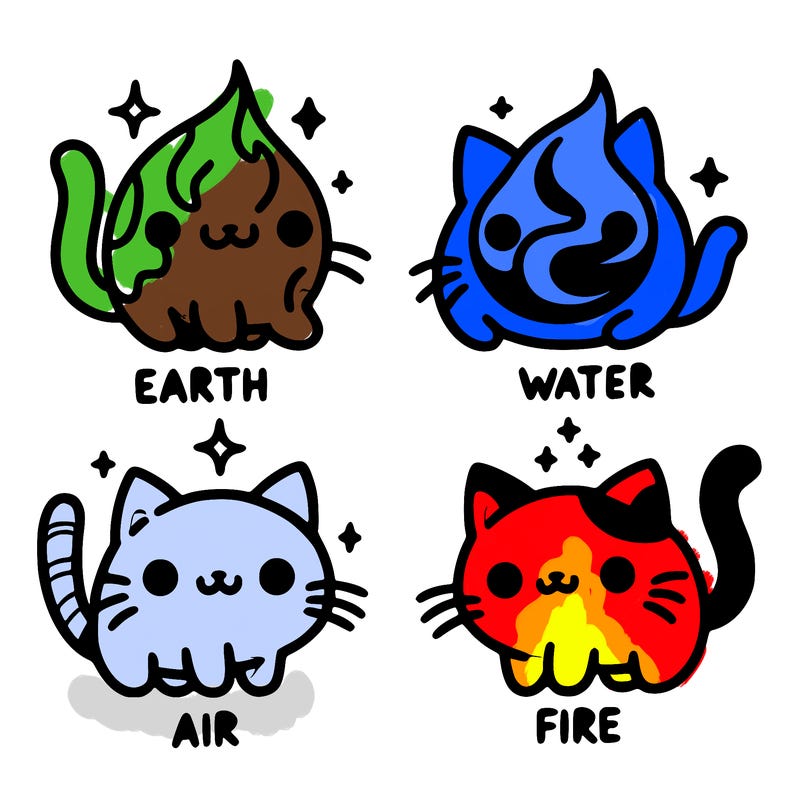 4 cats that represent the different elements, earth, water, air, and fire