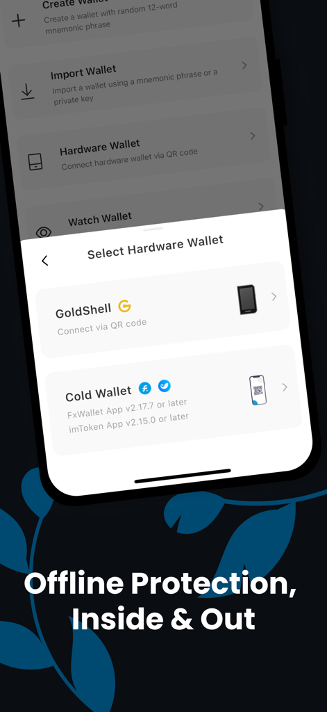 Interfaz de la aplicación FxWallet que muestra opciones de conexión de billetera de hardware para protección sin conexión