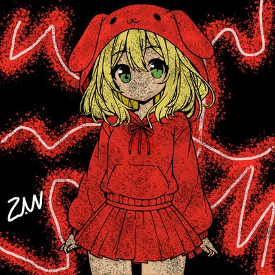 pretty anime girl wearing a fluffy hoodie with bunny ears on the hood and a skirt