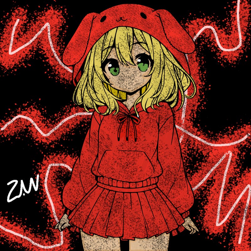 pretty anime girl wearing a fluffy hoodie with bunny ears on the hood and a skirt