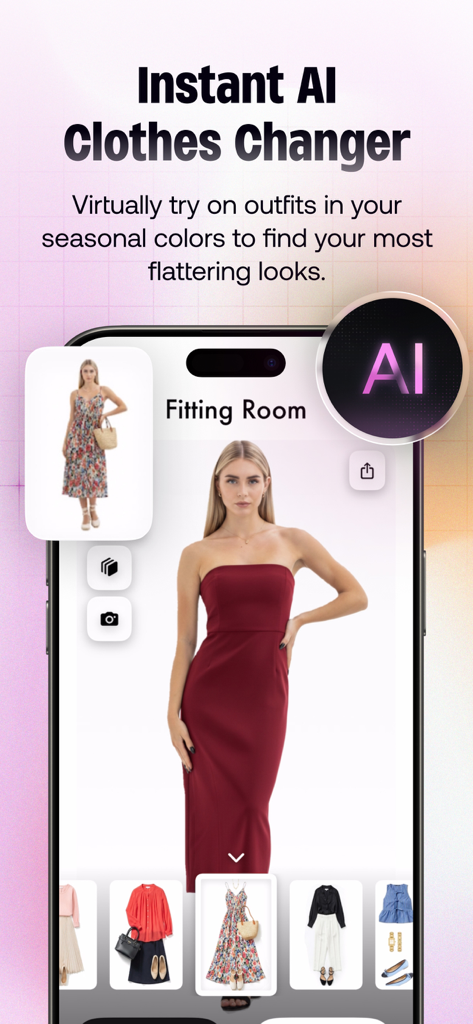 Season Palette: Color Analysis - Season Palette app interface showing the Fitting Room AI feature for virtual clothes try on