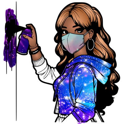 realistic girl with mask spray painting a wall