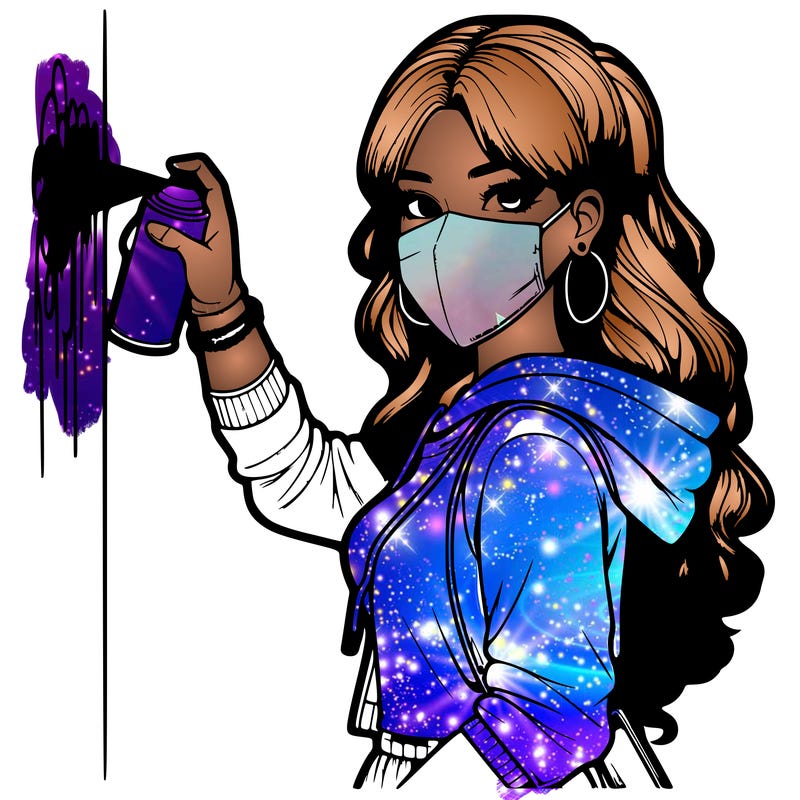 realistic girl with mask spray painting a wall