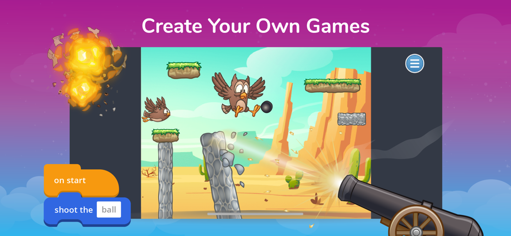 Tynker App-Oberfläche für Kinder zur Erstellung eigener Spiele mit visuellen Coding-Blöcken