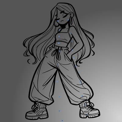 girl in baggy pants crop top and long hair