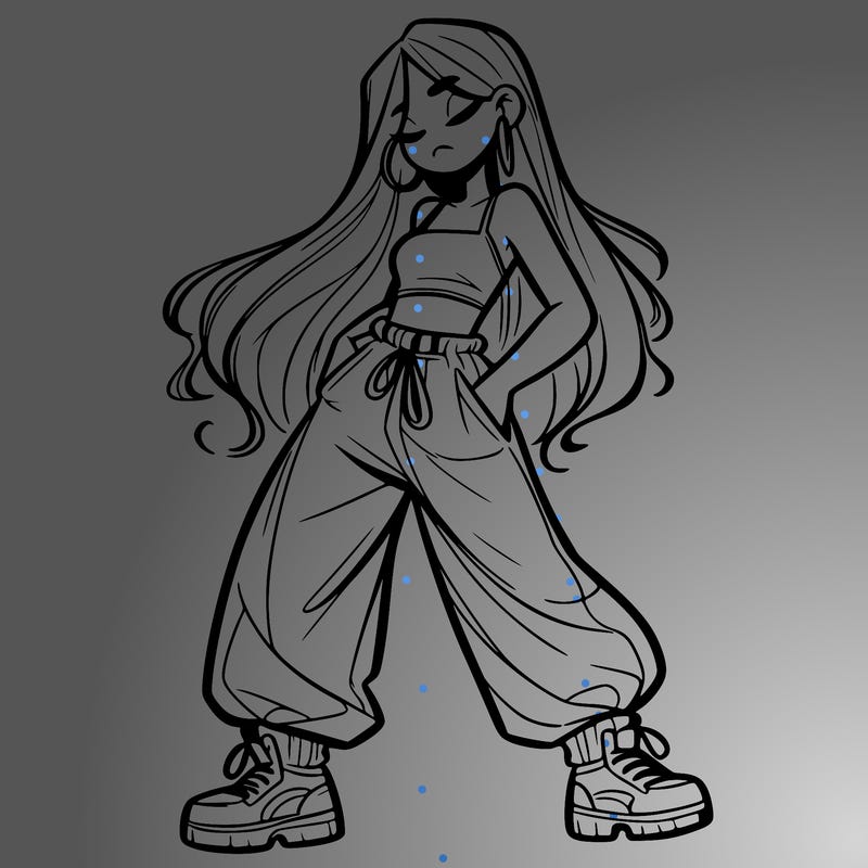girl in baggy pants crop top and long hair