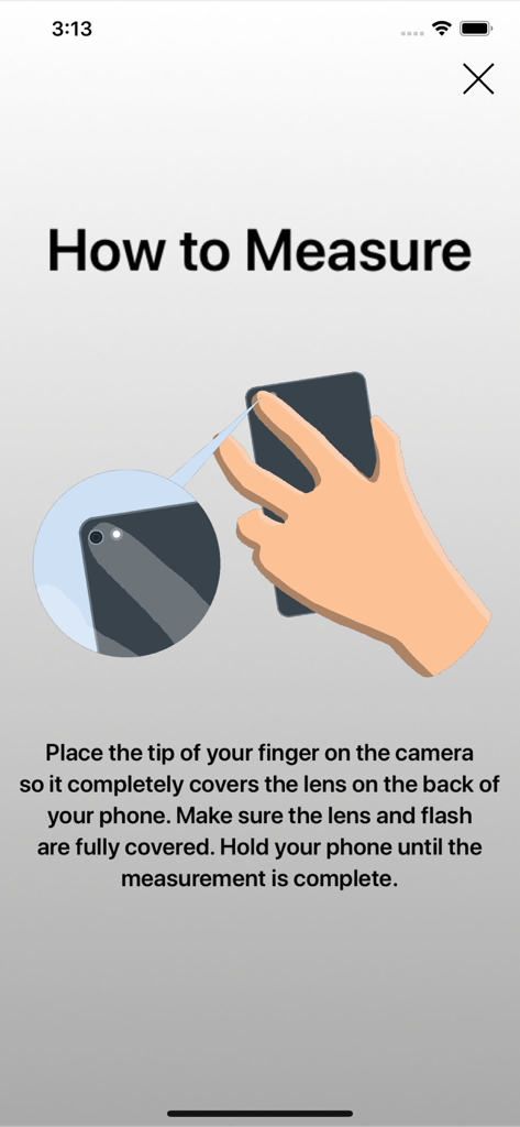Heart Rate Monitor: HR App - Écran d'instructions montrant comment placer un doigt sur la caméra et le flash pour surveiller la fréquence cardiaque