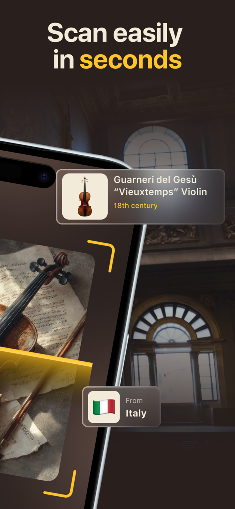Antica - AI Antique Identifier - Antica app interface identifying an 18th century Italian violin with a quick photo scan