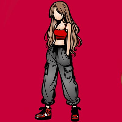 girl in baggy pants crop top and long hair