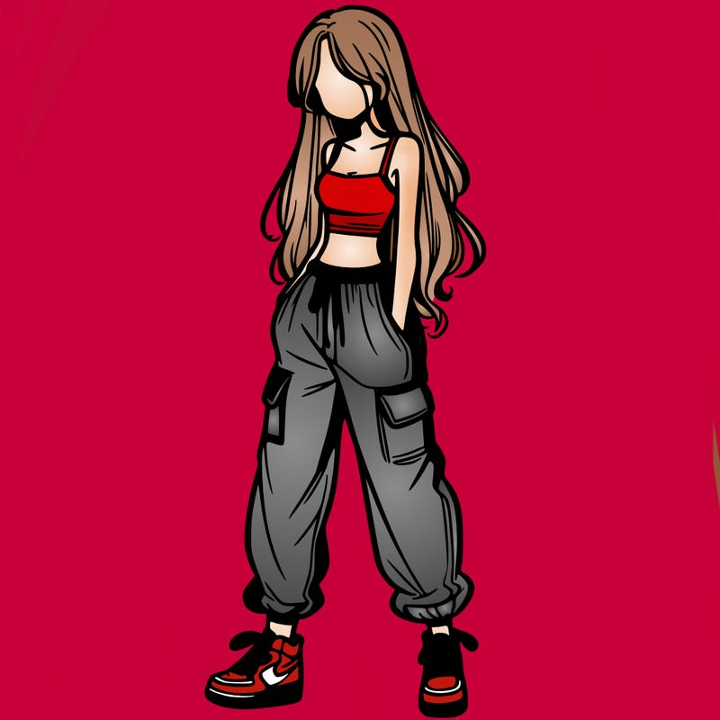 girl in baggy pants crop top and long hair