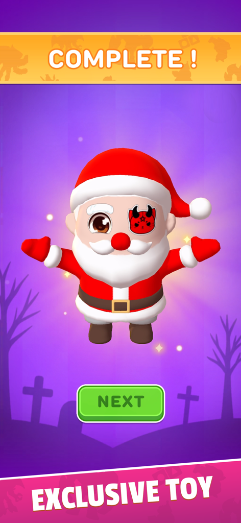 A 3D character of Santa Claus with a red devil eye patch from the Toy Master surprise eggs game.