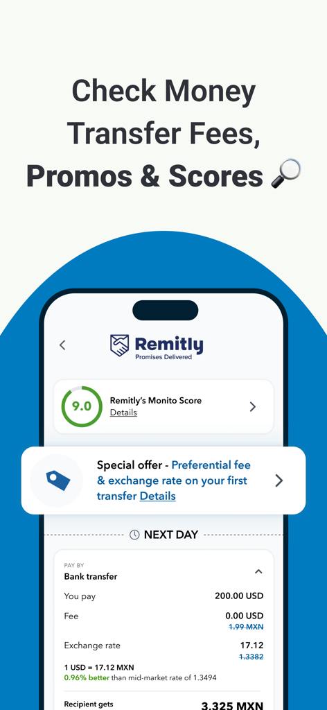 Monito: Money Transfer Deals - Monito app interface showing a detailed comparison of Remitly money transfer fees exchange rates and provider scores