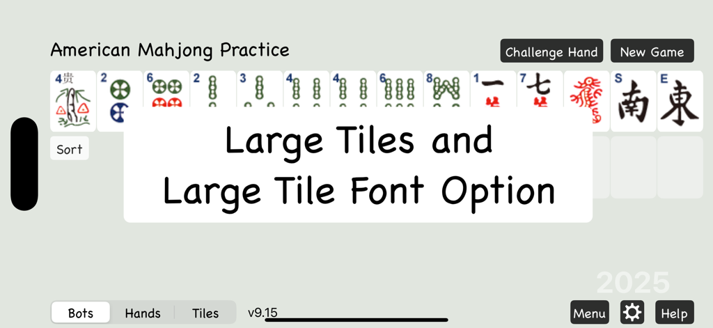 American Mahjong Practice app interface showcasing the large tiles and large tile font option for better visibility