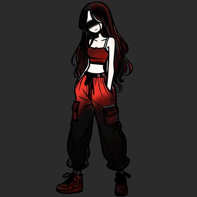girl in baggy pants crop top and long hair