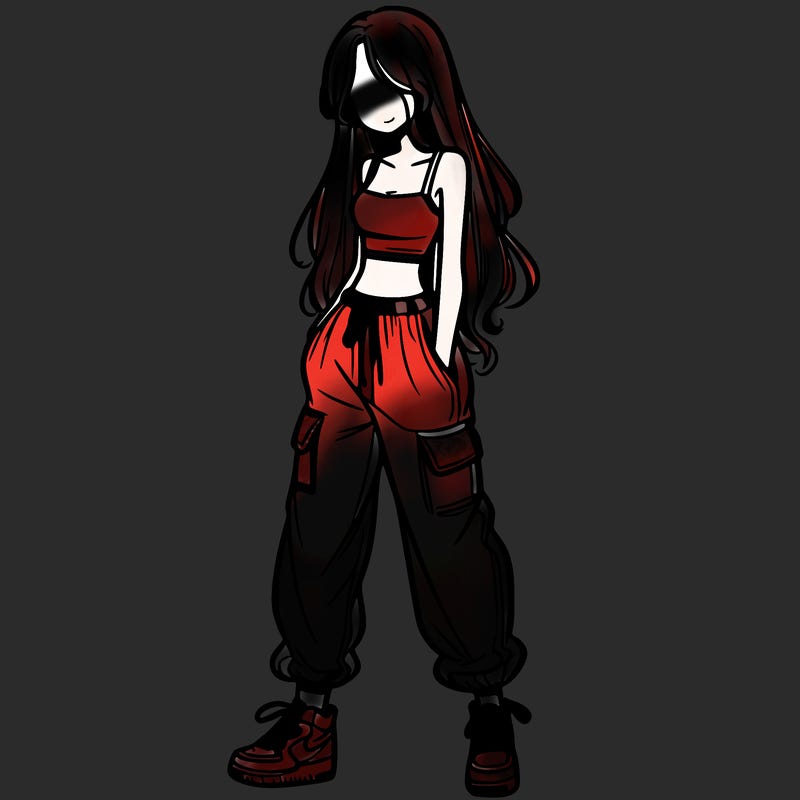 girl in baggy pants crop top and long hair