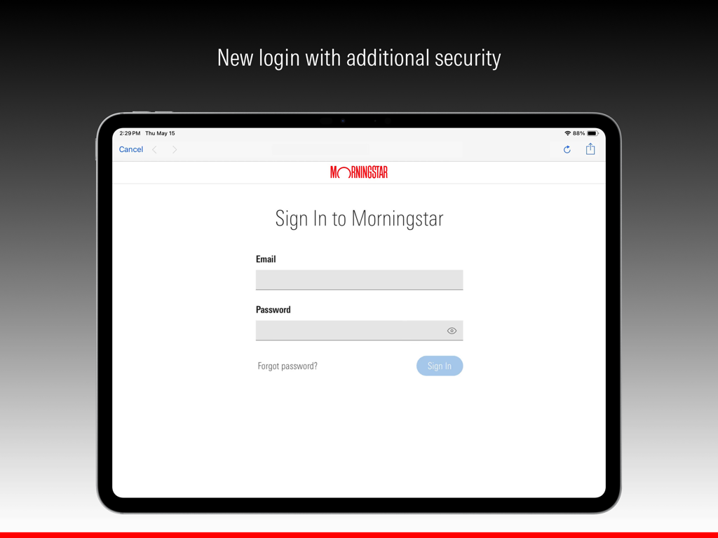 Secure login screen for the Morningstar for iPad investment application featuring email and password fields