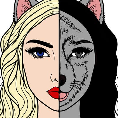 split face realistic woman and wolf