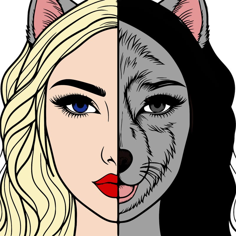 split face realistic woman and wolf