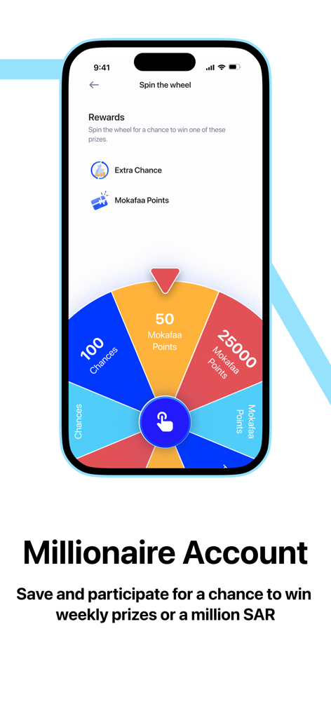 AlRajhi Mobile - Al Rajhi Mobile app millionaire account promotional screen featuring a spin the wheel game for weekly prizes and Mokafaa points.