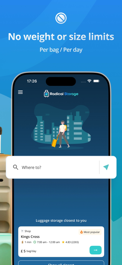重量やサイズ制限のない荷物預かりの検索画面を示すRadical Storageモバイルアプリのインターフェース