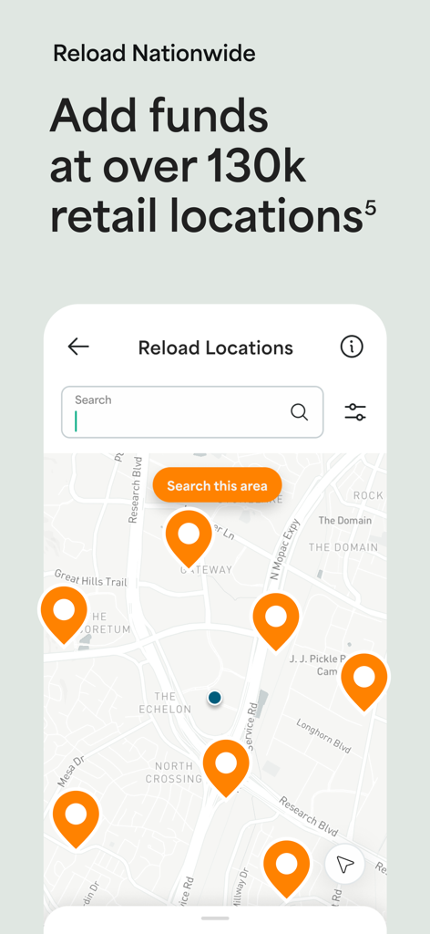 Netspend - Netspendアプリのインターフェースには、アカウントに資金を追加するための小売店の地図が表示されています。