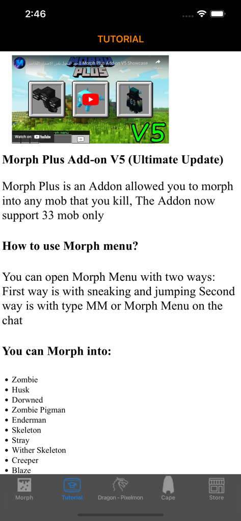 Morph mods for Minecraft - Minecraft Morph mod tutorial screen with mob list and instructions