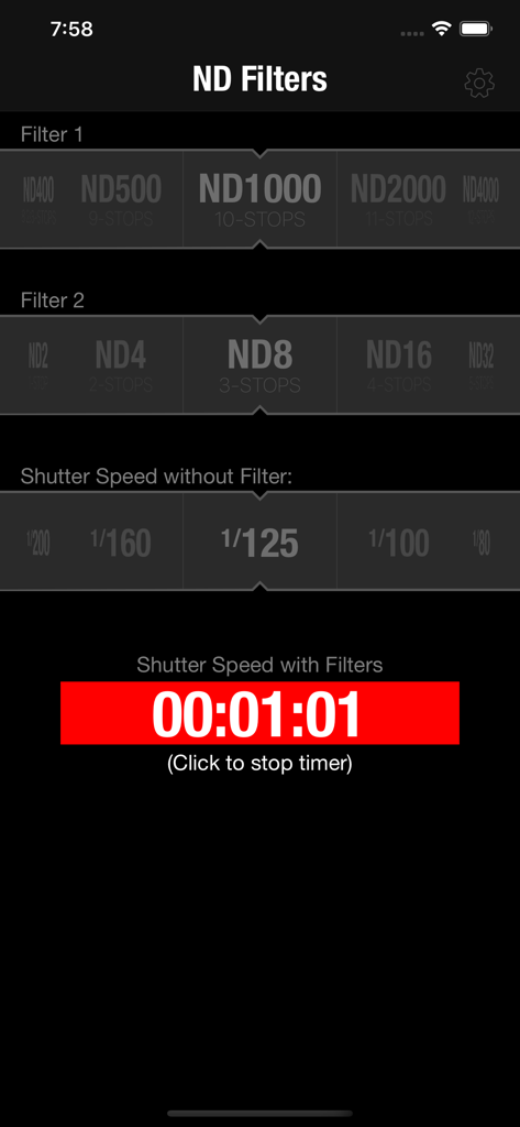 ND Filters - Interface of ND Filters app showing exposure calculation for stacked filters with a red countdown timer.