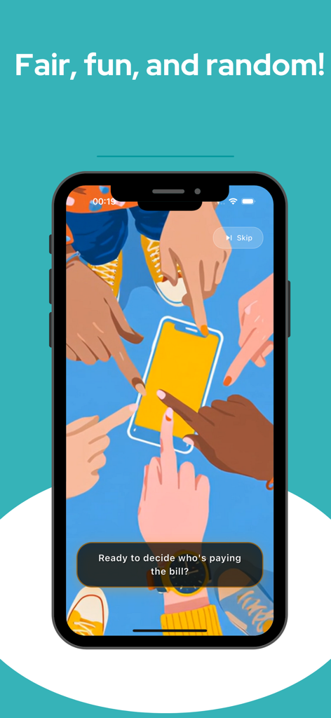 Who pays? - Finger Dice - Amigos tocando na tela de um smartphone para decidir aleatoriamente quem paga a conta