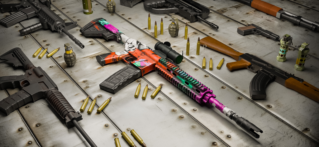 Gun Strike PvP Battle-Shooting - A realistic collection of assault rifles and grenades on a metal surface from the Gun Strike PvP game.