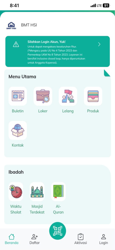 LINK HSI - The home screen of the LINK HSI app showing a menu with financial services and a dedicated worship section featuring prayer times and the Al-Quran.