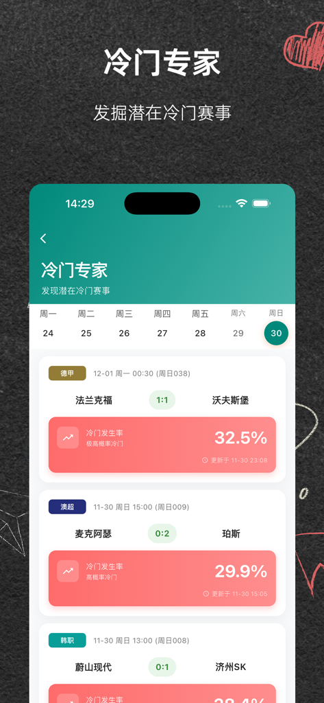 Nanie Hongdan mobile app interface showing AI soccer predictions for potential upset matches and probability analysis