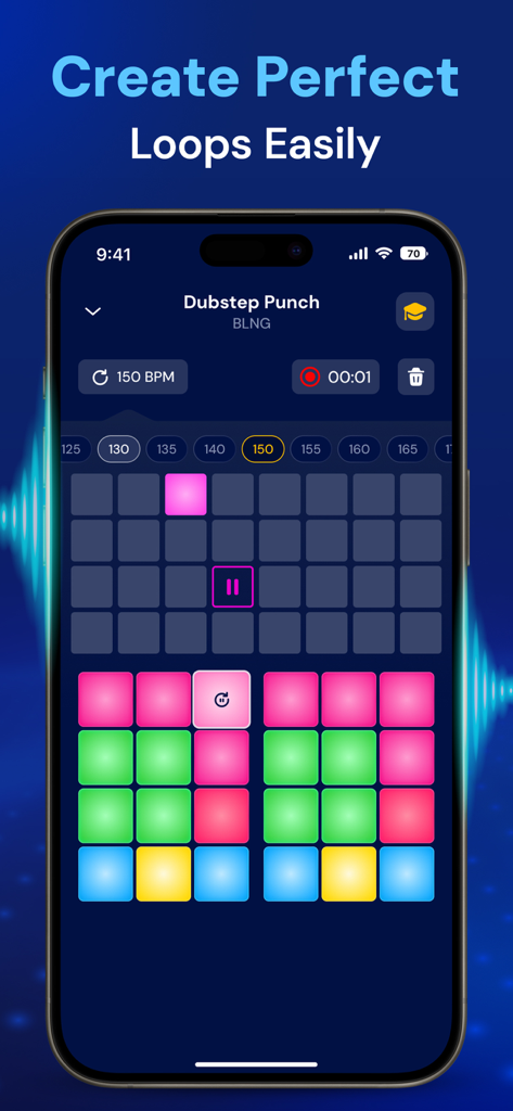 Drum Pad: Learn Beat Maker Kit - Pantalla de smartphone mostrando la interfaz de creación de bucles de la aplicación Drum Pad con pads vibrantes y una cuadrícula de secuenciador