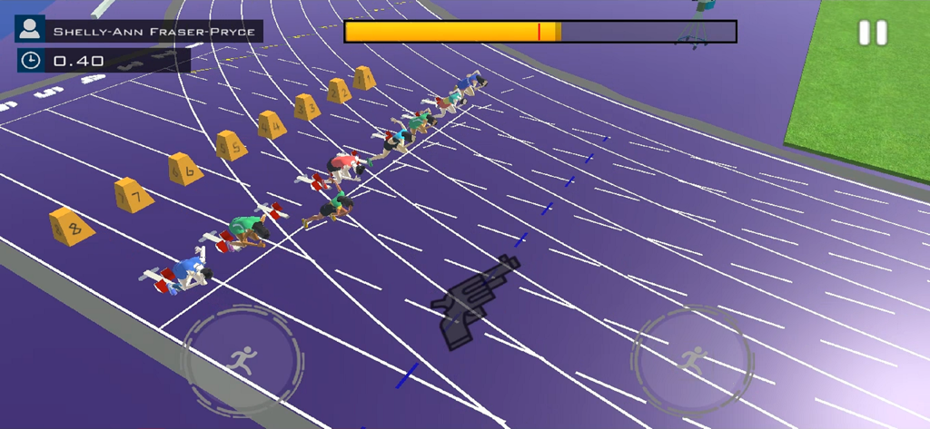 Athletic Games - Athletes crouched at the starting blocks on a purple track in the Athletic Games mobile app