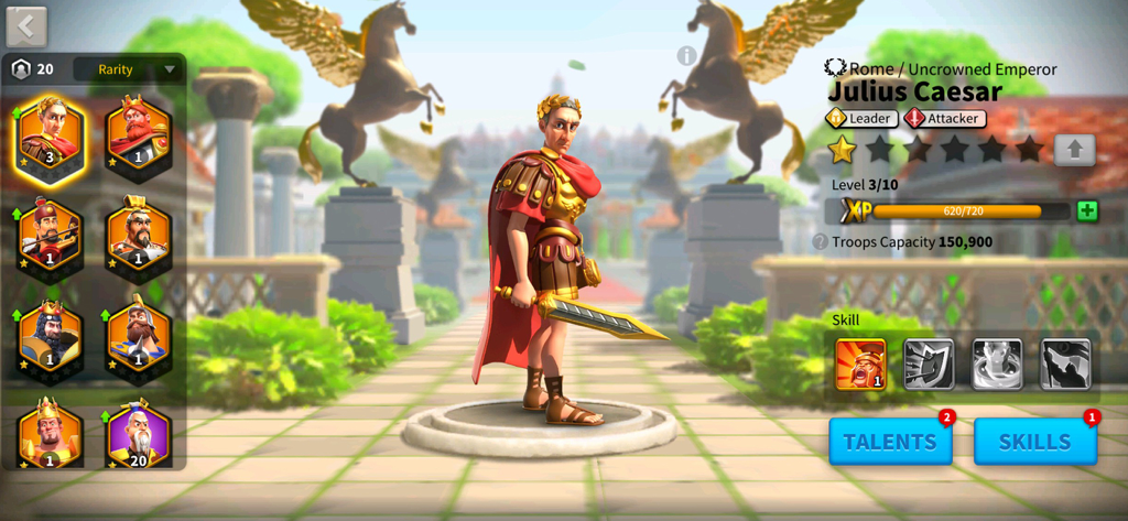 Julius Caesar commander profile interface in Rise of Kingdoms strategy game.