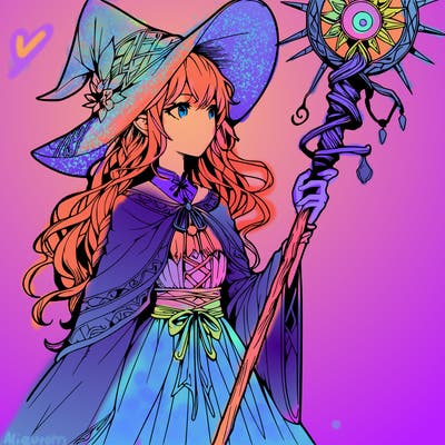 a realistic fantasy manga witch with a staff