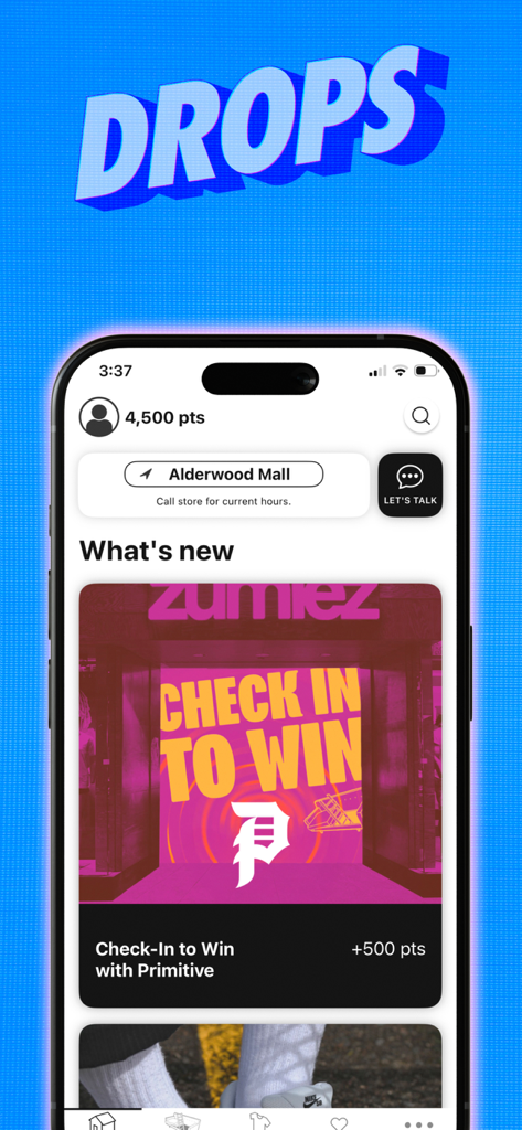 Zumiez - Zumiez mobile app interface showing the Drops section with a check in to win promotion and loyalty points balance