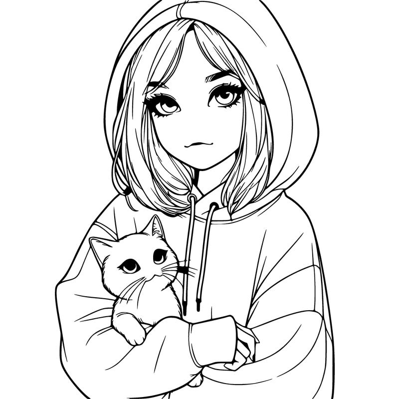 a realistic girl wearing a baggy hoodie and holding a cat