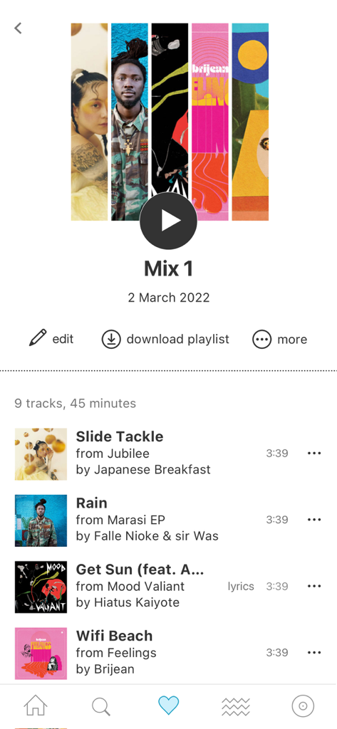Capture d'écran de l'application Bandcamp affichant une playlist musicale intitulée Mix 1, avec des options pour la modifier et la télécharger pour une écoute hors ligne.