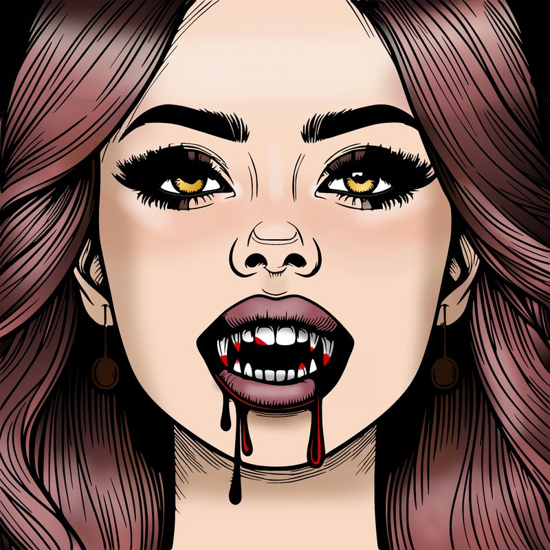 realistic woman with vampire teeth dripping from the mouth
