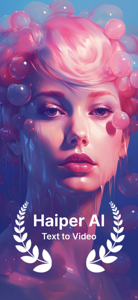 Retrato artístico generado por IA de una mujer con pelo rosa y burbujas utilizado para la pantalla de presentación de la aplicación Haiper AI.