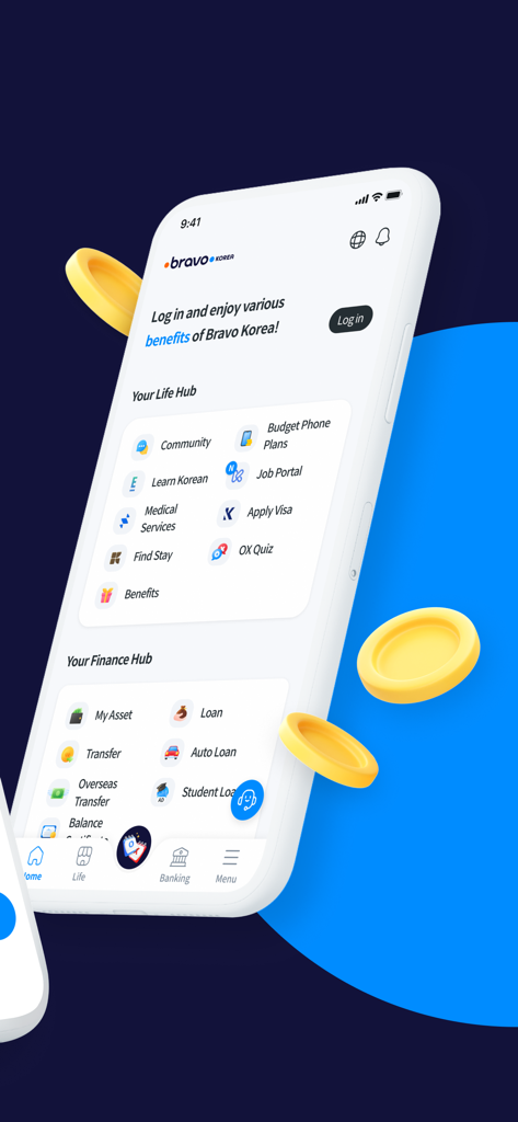 Bravo Korea - Bravo Korea 모바일 앱 홈 화면. 라이프스타일 및 금융 허브가 표시됩니다.
