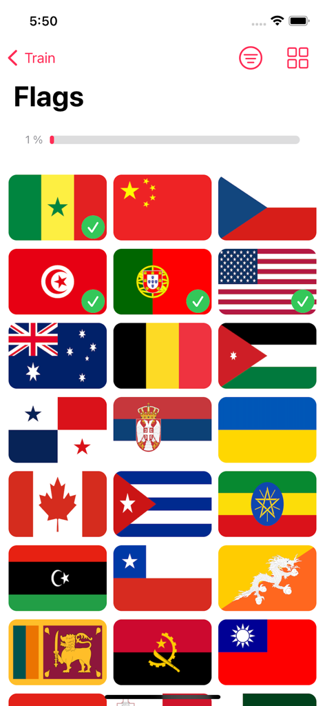 Flags & Countries Quiz! - Grid of world flags with progress bar and checkmarks in the training section of the Flags and Countries Quiz app