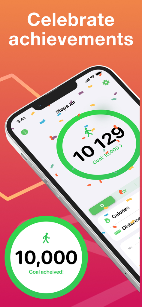 Steps Air: Step & Walk Tracker - Steps Air app interface showing a 10,000 step goal achievement with celebratory confetti