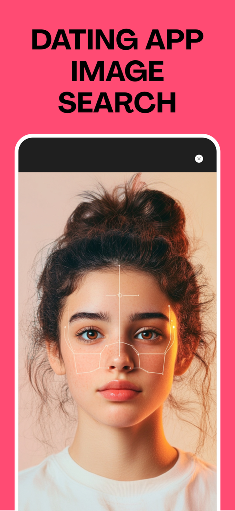 Interfaz de la aplicación Catfish Finder mostrando un escaneo de reconocimiento facial en la foto de perfil de una cita